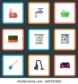 Flat Icons Faucet, Besom, Sofa And Other Vector Elements. Set Of Cleaning Flat Icons Symbols Also Includes Bin, Wisp, Hygiene Objects.