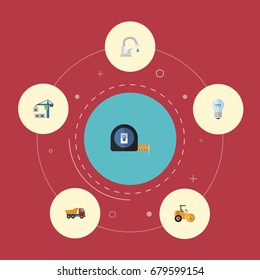 Flat Icons Faucet, Bulb, Truck And Other Vector Elements. Set Of Construction Flat Icons Symbols Also Includes Bulb, Steamroller, Tape Objects.
