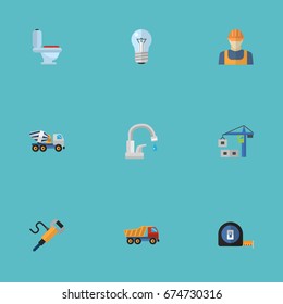 Flat Icons Faucet, Bulb, Worker And Other Vector Elements. Set Of Industry Flat Icons Symbols Also Includes Crane, Bright, Light Objects.