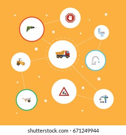 Flat Icons Faucet, Caution, Steamroller And Other Vector Elements. Set Of Industry Flat Icons Symbols Also Includes Van, Crane, Drill Objects.