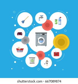 Flat Icons Faucet, Means For Cleaning, Carpet Vacuuming And Other Vector Elements. Set Of Cleaning Flat Icons Symbols Also Includes Wash, Housekeeping, Besom Objects.