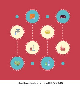 Flat Icons Faucet, Mopping, Gauntlet And Other Vector Elements. Set Of Cleaning Flat Icons Symbols Also Includes Bucket, Gloves, Sofa Objects.