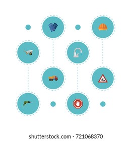 Flat Icons Faucet, Stop Sign, Electric Screwdriver And Other Vector Elements. Set Of Industry Flat Icons Symbols Also Includes Drill, Pushcart, Gloves Objects.