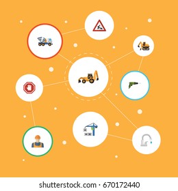 Flat Icons Faucet, Tractor, Caution And Other Vector Elements. Set Of Construction Flat Icons Symbols Also Includes Stop, Cement, Faucet Objects.