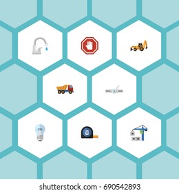 Flat Icons Faucet, Van, Bulb And Other Vector Elements. Set Of Industry Flat Icons Symbols Also Includes Stop, Sign, Van Objects.