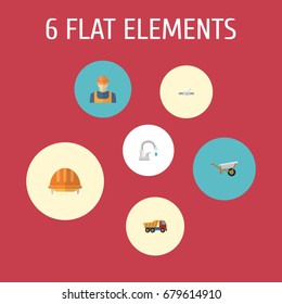 Flat Icons Faucet, Van, Worker And Other Vector Elements. Set Of Construction Flat Icons Symbols Also Includes Truck, Wheelbarrow, Tap Objects.