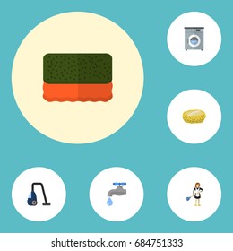 Flat Icons Faucet, Wisp, Sweeper And Other Vector Elements. Set Of Cleaning Flat Icons Symbols Also Includes Vacuum, Faucet, Woman Objects.