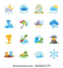 Flat icons featuring severe weather, rain, floods, storms, natural disasters, volcanoes, earthquakes, wildfires, hail, snow conditions. 