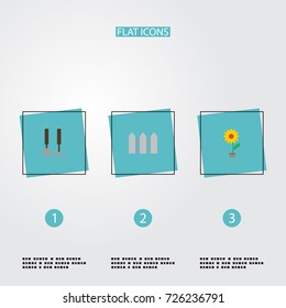 Flat Icons Fence, Flowerpot, Tools And Other Vector Elements. Set Of Gardening Flat Icons Symbols Also Includes Instruments, Plant, Pot Objects.