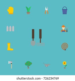 Flat Icons Fence, Plant, Garden Hose And Other Vector Elements. Set Of Agriculture Flat Icons Symbols Also Includes Gumboots, Barrow, Bucketful Objects.