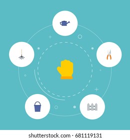 Flat Icons Fence, Pruner, Rake And Other Vector Elements. Set Of Gardening Flat Icons Symbols Also Includes Can, Bucket, Gloves Objects.