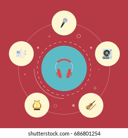 Flat Icons Fiddle, Mp3 Player, Turntable And Other Vector Elements. Set Of Melody Flat Icons Symbols Also Includes Studio, Vinyl, Player Objects.