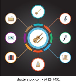 Flat Icons Fiddle, Radio, Harmonica And Other Vector Elements. Set Of Melody Flat Icons Symbols Also Includes Accordion, Fm, Music Objects.