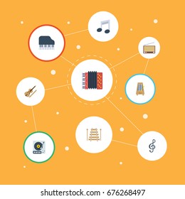 Flat Icons Fiddle, Rhythm Motion, Tone Symbol And Other Vector Elements. Set Of Studio Flat Icons Symbols Also Includes Xylophone, Percussion, Turntable Objects.