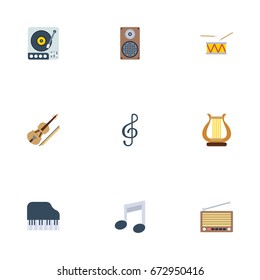 Flat Icons Fiddle, Turntable, Octave Keyboard And Other Vector Elements. Set Of Studio Flat Icons Symbols Also Includes Symbol, Speaker, Audio Objects.