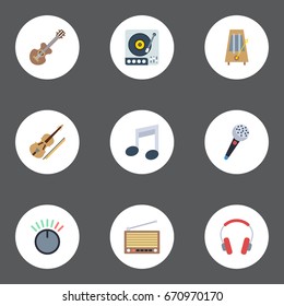 Flat Icons Fiddle, Turntable, Rhythm Motion And Other Vector Elements. Set Of Melody Flat Icons Symbols Also Includes Acoustic, Tuner, Violin Objects.
