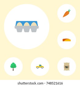Flat Icons Field, Pickup, Tray Of Eggs And Other Vector Elements. Set Of Harvest Flat Icons Symbols Also Includes Wood, Sack, Tree Objects.