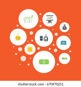 Flat Icons Finance Sack, Bar Diagram, Remote Paying And Other Vector Elements. Set Of Banking Flat Icons Symbols Also Includes Small, Growing, Coins Objects.