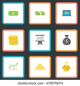 Flat Icons Finance Sack, Growing Chart, Computer And Other Vector Elements. Set Of Finance Flat Icons Symbols Also Includes Notebook, Money, Change Objects.