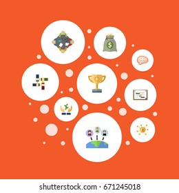Flat Icons Financing, Administration, Discussion And Other Vector Elements. Set Of Idea Flat Icons Symbols Also Includes Financing, Manager, Graph Objects.