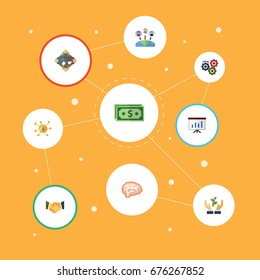 Flat Icons Financing, Mind, Agreement And Other Vector Elements. Set Of Startup Flat Icons Symbols Also Includes Cash, Hand, Mind Objects.