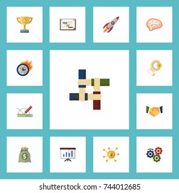Flat Icons Financing, Mind, Schedule And Other Vector Elements. Set Of Projects Flat Icons Symbols Also Includes Motivation, Sponsor, Run Objects.