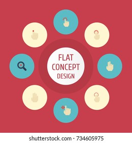 Flat Icons Finger, Magnifier, Strong Touch And Other Vector Elements. Set Of Gestures Flat Icons Symbols Also Includes Gesture, Magnifier, Drag Objects.