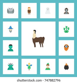 Flat Icons Fire, Avatar, Hell And Other Vector Elements. Set Of Cartoon Flat Icons Symbols Also Includes Orc, Cartoon, Goblin Objects.