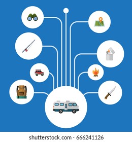 Flat Icons Fire, Bag, Cigarette And Other Vector Elements. Set Of Encampment Flat Icons Symbols Also Includes Fishing, Flammable, Hunting Objects.