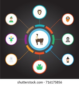 Flat Icons Fire, Dinosaur, Lion And Other Vector Elements. Set Of Fantasy Flat Icons Symbols Also Includes Pixie, Magic, Gnome Objects.