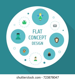 Flat Icons Fire, Hell, Character And Other Vector Elements. Set Of Character Flat Icons Symbols Also Includes Fairy, Pixie, Elf Objects.