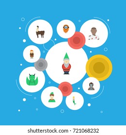 Flat Icons Fire, Huge Man, Gnome And Other Vector Elements. Set Of Character Flat Icons Symbols Also Includes Girl, Gnome, Monster Objects.