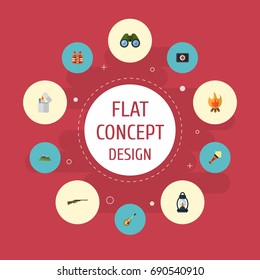 Flat Icons Fire, Lifesaver, Weapon And Other Vector Elements. Set Of Camp Flat Icons Symbols Also Includes Vest, Chest, Weapon Objects.