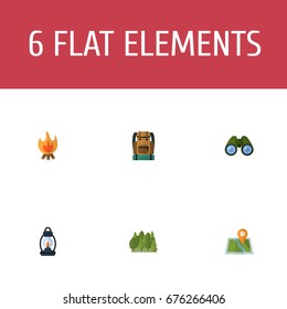 Flat Icons Fire, Location, Bag And Other Vector Elements. Set Of Camp Flat Icons Symbols Also Includes Map, Glass, Lighter Objects.