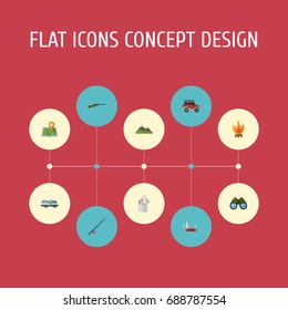 Flat Icons Fire, Location, Suv And Other Vector Elements. Set Of Encampment Flat Icons Symbols Also Includes Fishing, Balefire, Camper Objects.