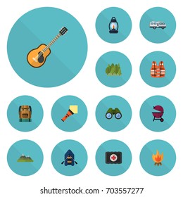 Flat Icons Fire, Music, Caravan And Other Vector Elements. Set Of Encampment Flat Icons Symbols Also Includes Hill, Lifesaver, Wood Objects.