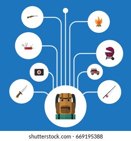 Flat Icons Fire, Penknife, Bag And Other Vector Elements. Set Of Camp Flat Icons Symbols Also Includes Knife, Fishing, Clash Objects.