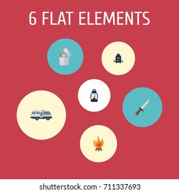 Flat Icons Fire, Ship, Hunting Cutter And Other Vector Elements. Set Of Encampment Flat Icons Symbols Also Includes Ship, Kerosene, Caravan Objects.