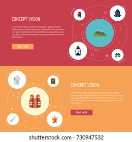 Flat Icons Fire, Ship, Lifesaver And Other Vector Elements. Set Of Camp Flat Icons Symbols Also Includes Glass, Fire, Mountain Objects.