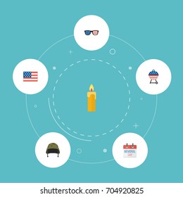 Flat Icons Fire Wax, American Banner, Barbecue And Other Vector Elements. Set Of History Flat Icons Symbols Also Includes Brazier, American, Glasses Objects.