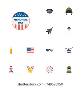 Flat Icons Fire Wax, American Banner, Medallion And Other Vector Elements. Set Of Day Flat Icons Symbols Also Includes Wax, Aircraft, Soldier Objects.