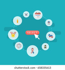 Flat Icons Fire Wax, Barbecue, Medallion And Other Vector Elements. Set Of History Flat Icons Symbols Also Includes Fire, Firecracker, Ribbon Objects.