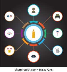 Flat Icons Fire Wax, Soldier Helmet, Medallion And Other Vector Elements. Set Of Memorial Flat Icons Symbols Also Includes Usa, Holiday, Memorial Objects.