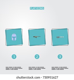 Flat Icons Firearm, Assault Rifle, Warrior And Other Vector Elements. Set Of Game Flat Icons Symbols Also Includes Assault, Warrior, Gun Objects.