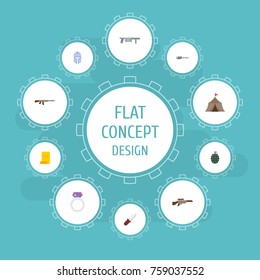 Flat Icons Firearm, Dynamite, Shotgun And Other Vector Elements. Set Of Game Flat Icons Symbols Also Includes Jewelry, Infantry, Firearm Objects.