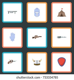 Flat Icons Firearm, Gloves, Shotgun And Other Vector Elements. Set Of  Flat Icons Symbols Also Includes Rpg, Knight, Warrior Objects.