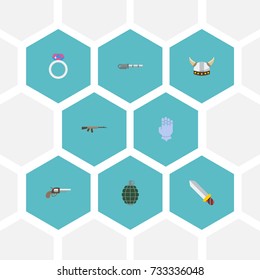 Flat Icons Firearm, Jewelry, Dynamite And Other Vector Elements. Set Of Gaming Flat Icons Symbols Also Includes Blade, Gun, Gatling Objects.