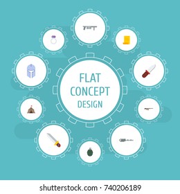 Flat Icons Firearm, Tent, Dynamite And Other Vector Elements. Set Of Game Flat Icons Symbols Also Includes Blade, Gun, Assault Objects.