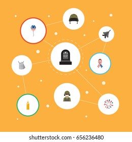 Flat Icons Firecracker, Aircraft, Identity And Other Vector Elements. Set Of Memorial Flat Icons Symbols Also Includes Grave, Fire, Firecracker Objects.