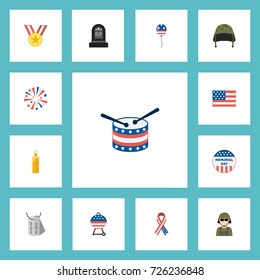 Flat Icons Firecracker, Musical Instrument, Decoration And Other Vector Elements. Set Of History Flat Icons Symbols Also Includes Rip, Man, Army Objects.